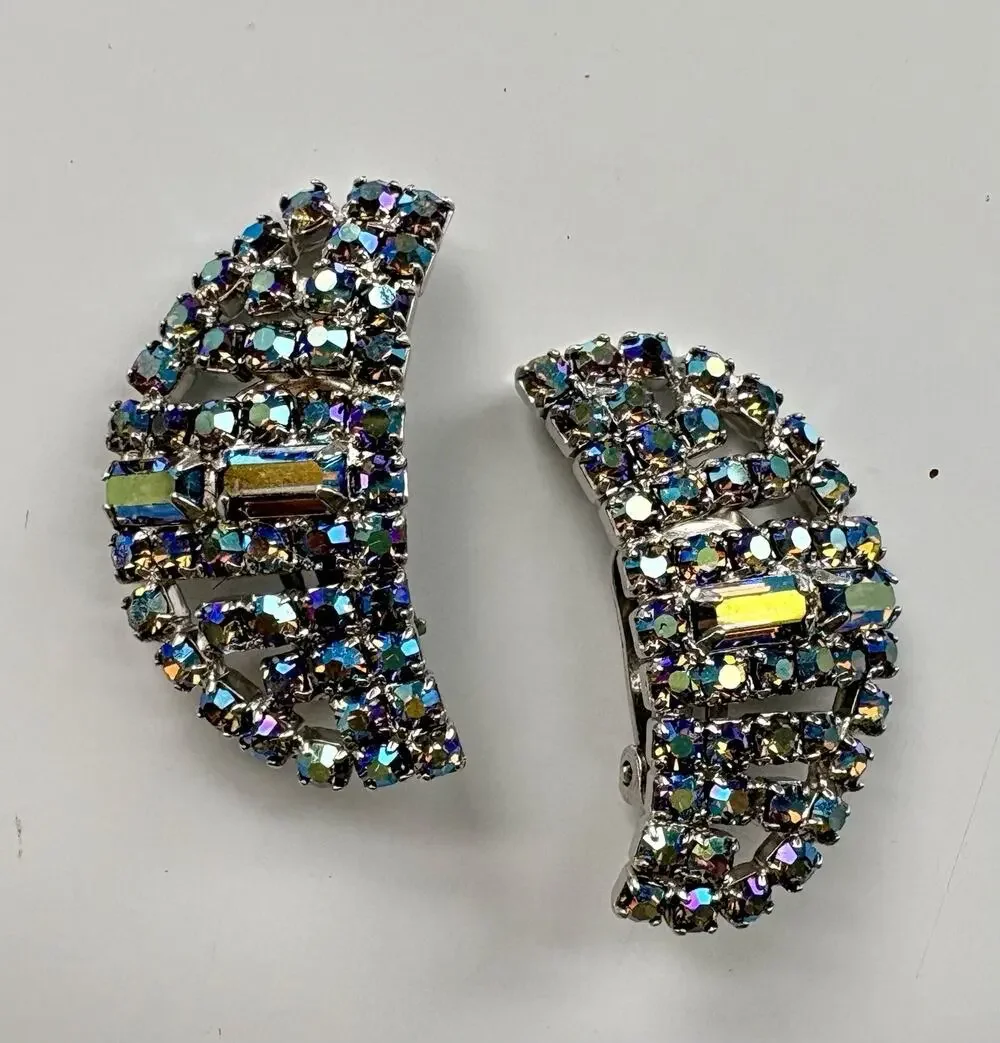 VTG Rhinestone Earrings Clip-on Large Half Moon AB Aurora Borealis Dramatic